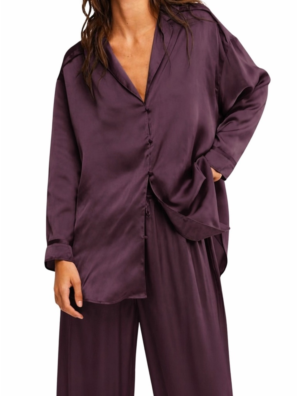 Free People Intimately Oversized Satin Dreamy Days Purple Plum Silky Pajama Top
